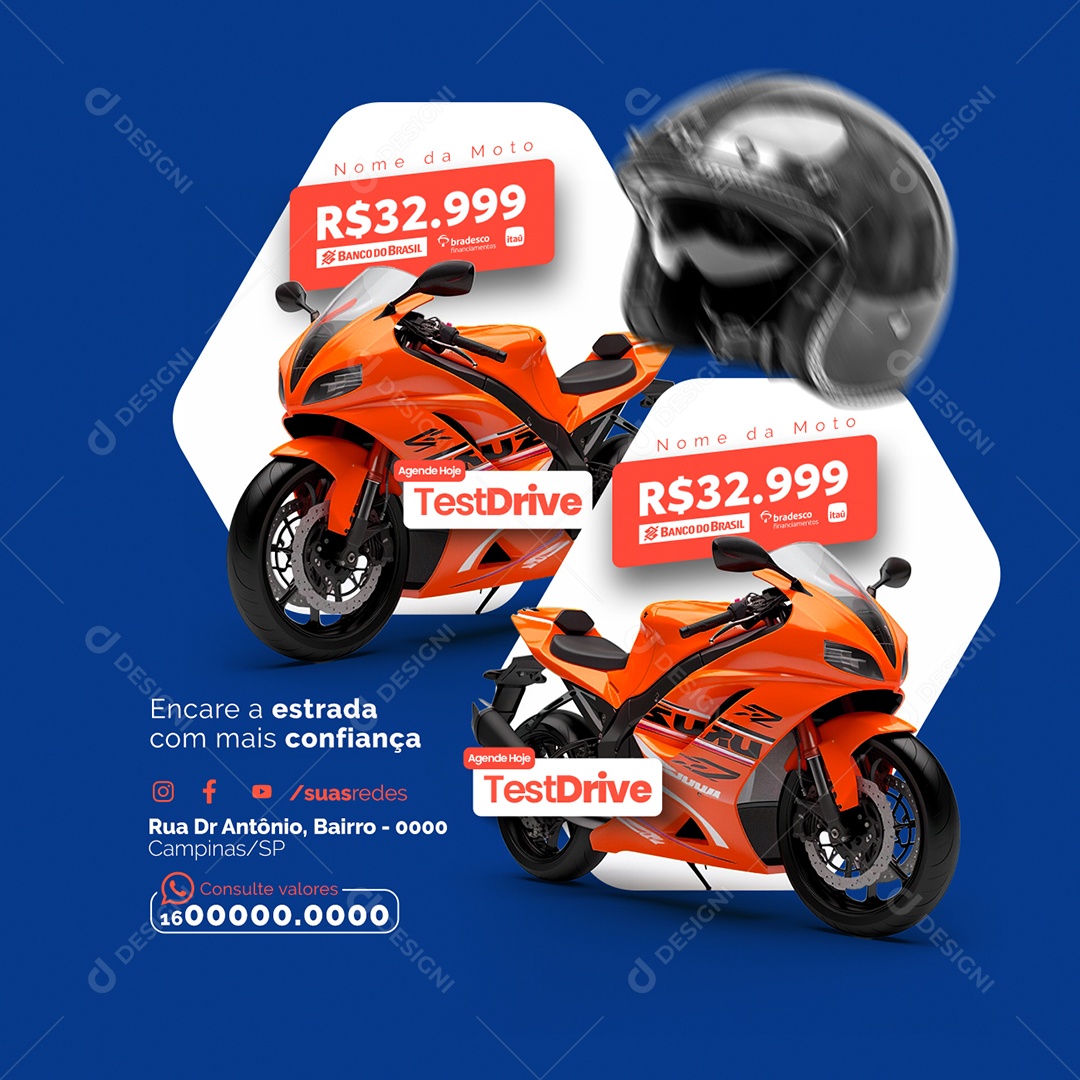 Concessionária de Motos Agende Hoje Test Drive Encare a estrada com mais confiança Social Media PSD Editável