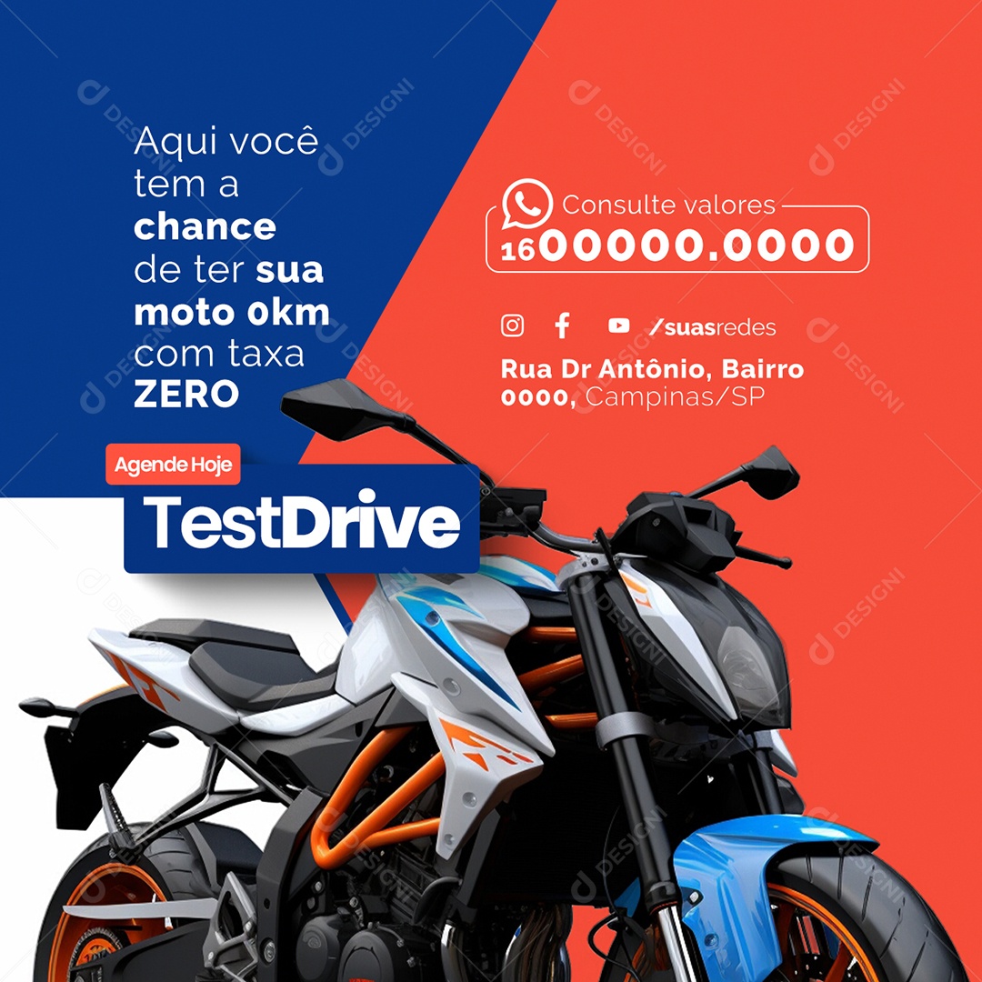 Concessionária de Motos Aqui você tem a chance de ter sua moto 0km com taxa Zero Social Media PSD Editável