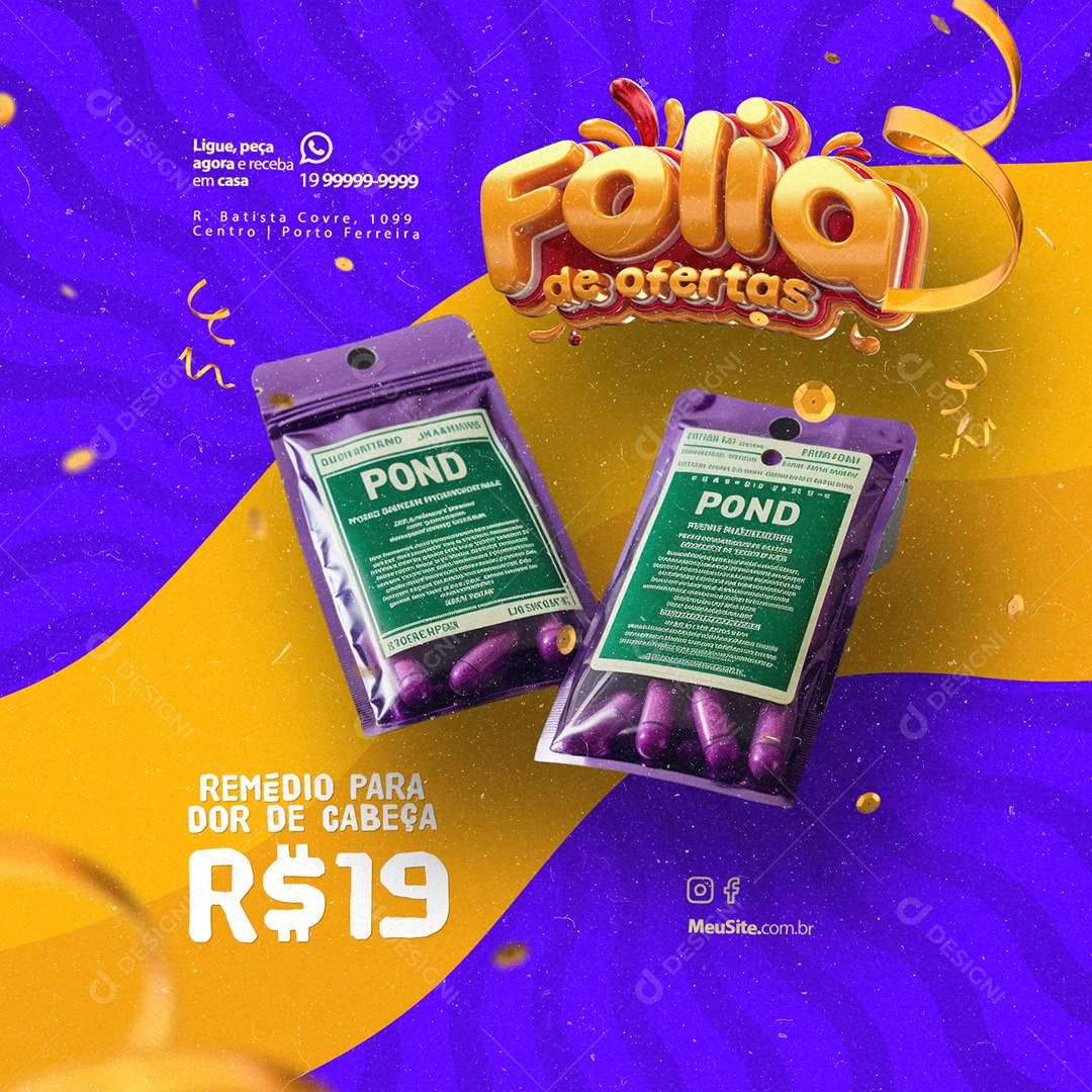 Farmácia Folia de Ofertas Remédio para Dor De Cabeça Social Media PSD Editável