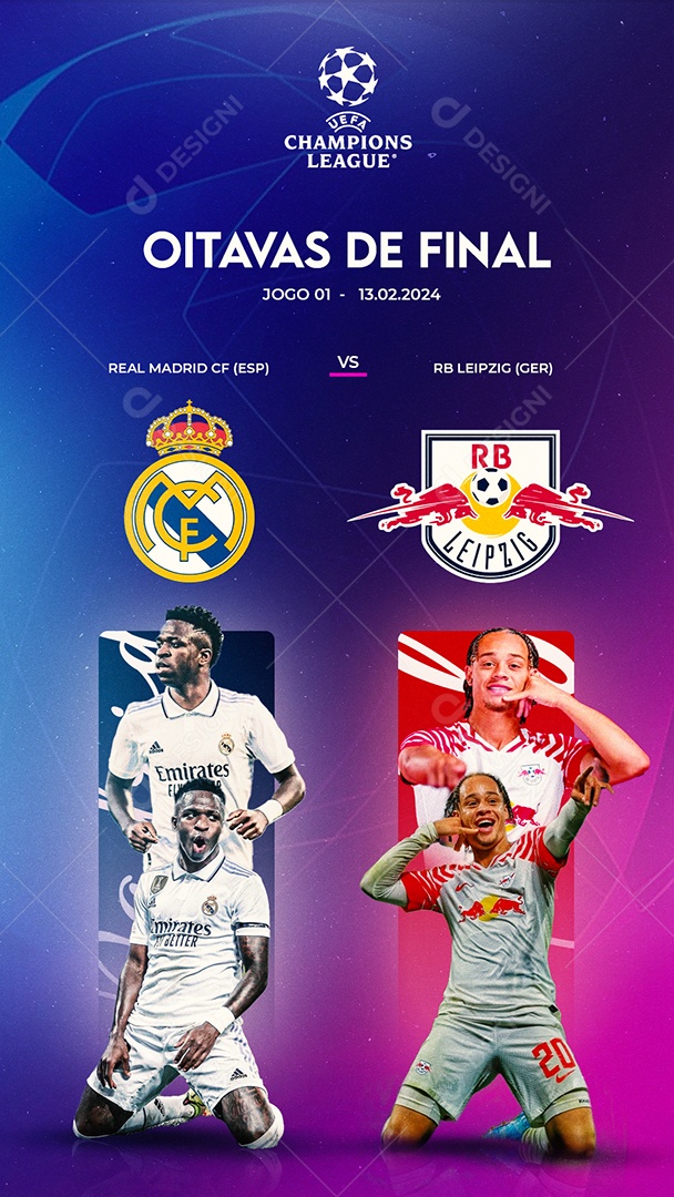 Social Media Story Flyer Oitavas De Final Champions League Real Madrid Vs RB Leipzig PSD Editável