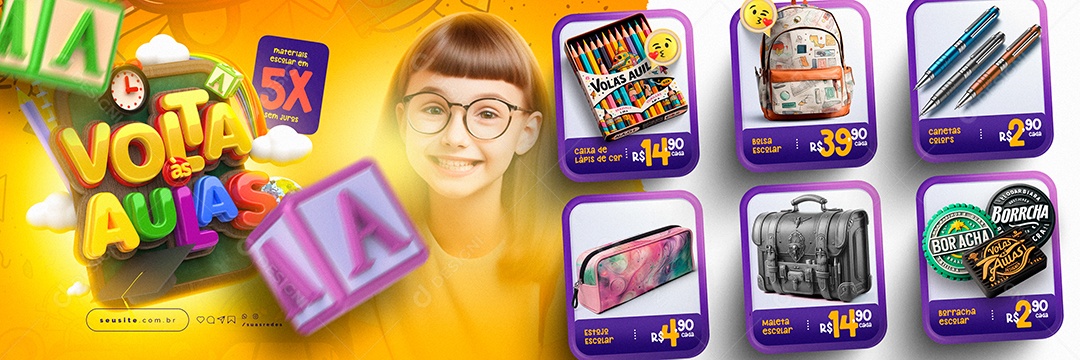 Carrossel Volta às Aulas Papelaria Materiais Escolares Social Media PSD Editável