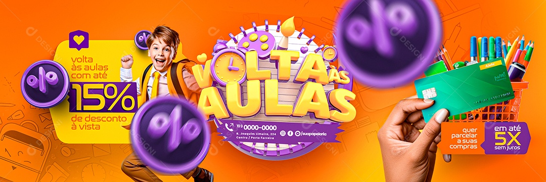 Carrossel Volta às Aulas Papelaria com até 15% de desconto à vista Social Media PSD Editável