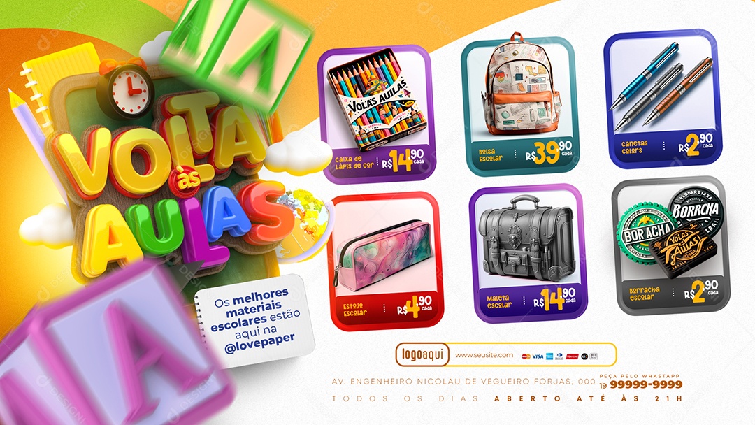 Banner Tabloide Volta às Aulas Os melhores materiais escolares estão aqui Social Media PSD Editável