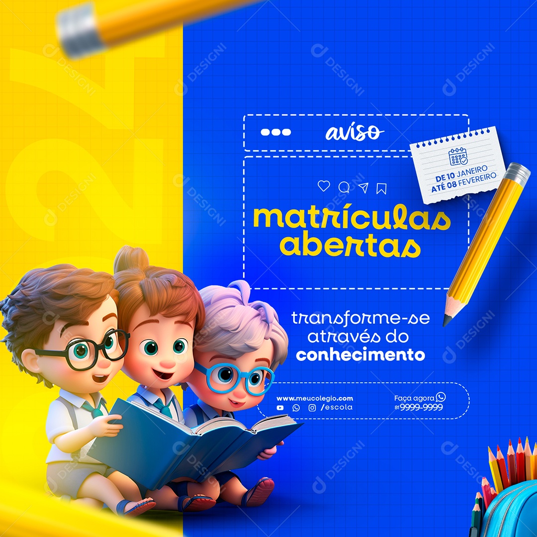 Social Media Aviso Matrículas Abertas Volta às Aulas PSD Editável