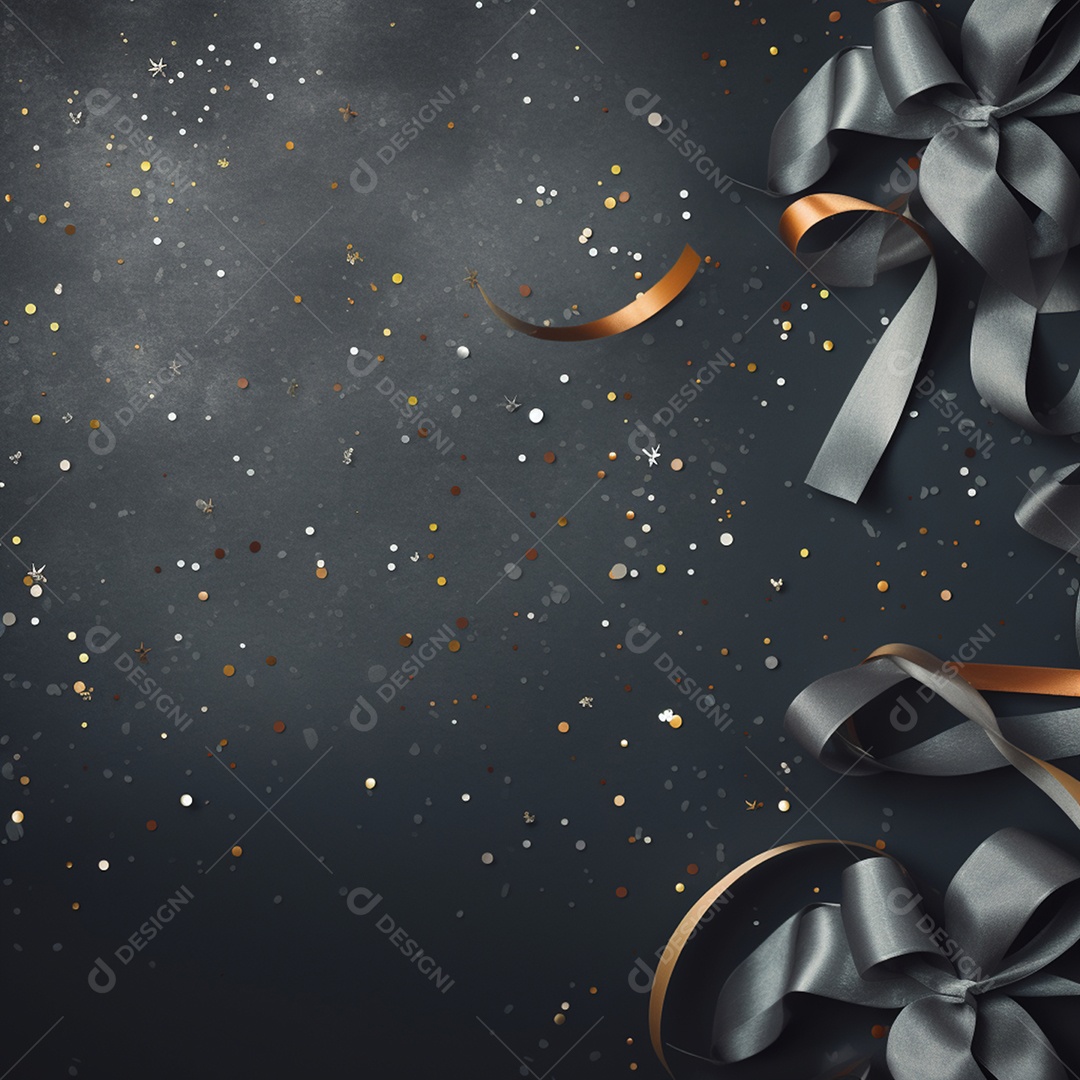 Confetes e fita prata sobre fundo cinza