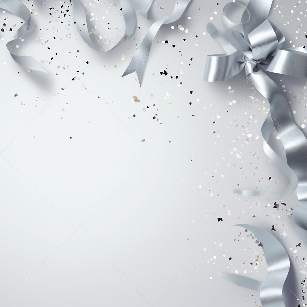 Confetes e fita prata sobre fundo cinza