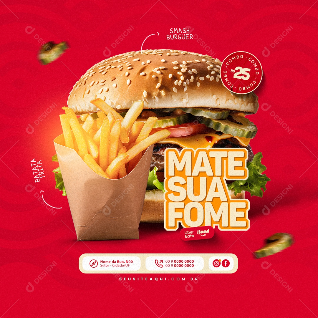 Mate sua Fome Smash Burguer Batata Frita Social Media PSD Editável