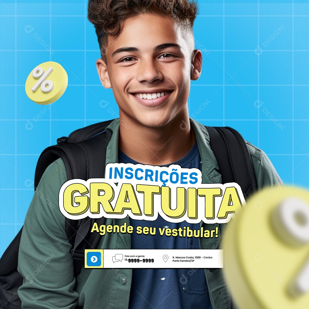 Inscrições Gratuita Agende seu vestibular Fale com a gente Social Media PSD Editável