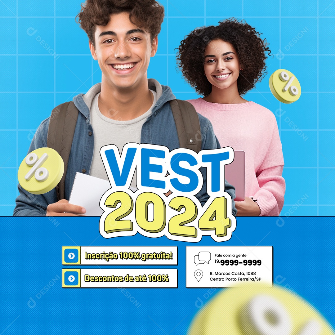 Vestibular Vest 2024 Inscrição 100% gratuita Descontos de até 100% Social Media PSD Editável