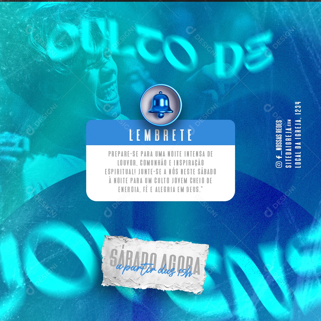 Gospel Culto De Jovens Lembrete Sábado Agora Social Media PSD Editável