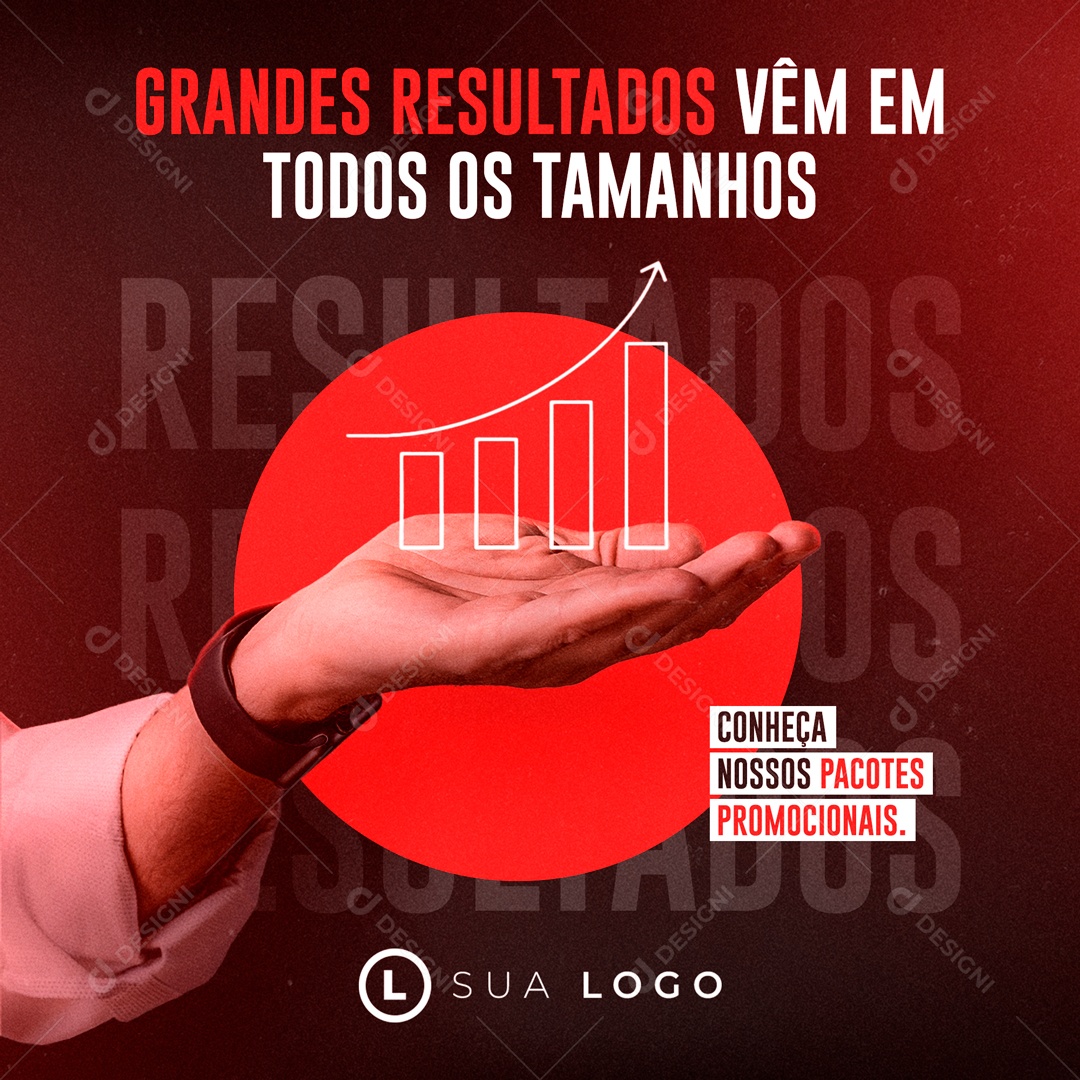 Grandes Resultados Vem em todos os Tamanhos Social Media PSD Editável