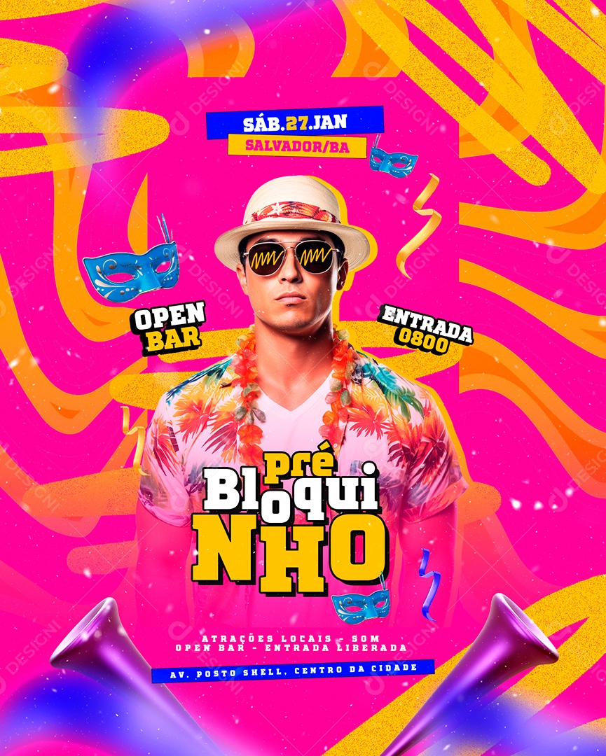 Flyer Carnaval Open Bar Pré Bloquinho Social Media PSD Editável