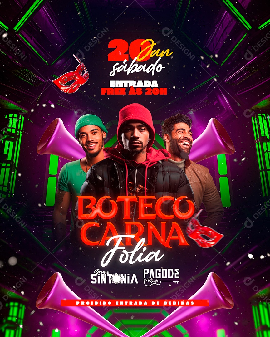 Flyer Carnaval Boteco Carna Folia Grupo Sintonia Pagode do Pagode Social Media PSD Editável