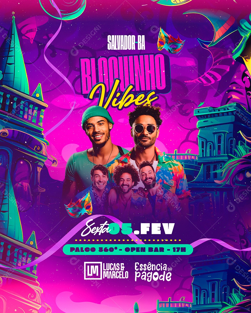 Flyer Carnaval Bloquinho Vibes Lucas & Marcelo Essência Do Pagode Social Media PSD Editável