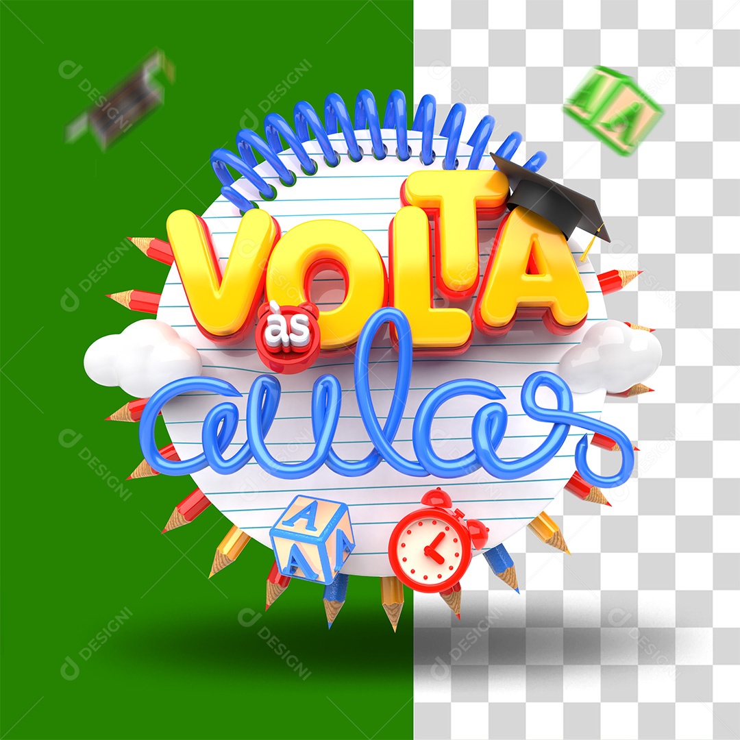 Volta às Aulas Selo 3D Amarelo Branco e Azul para Composição PSD