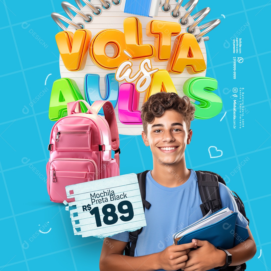 Volta às Aulas Papelaria Mochila Preta Black Social Media PSD Editável