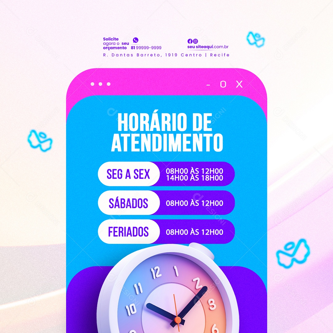 Horário de Atendimento BBB Lojas Empresas Segunda a Sexta Sábados Feriados Social Media PSD Editável