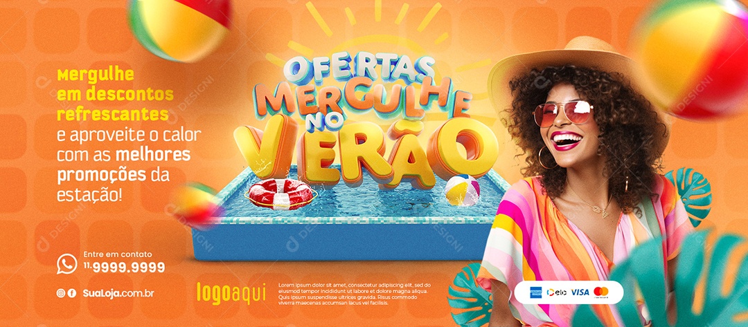Banner Piscina Ofertas Mergulhe no Verão Mergulhe em descontos refrescantes Social Media PSD Editável