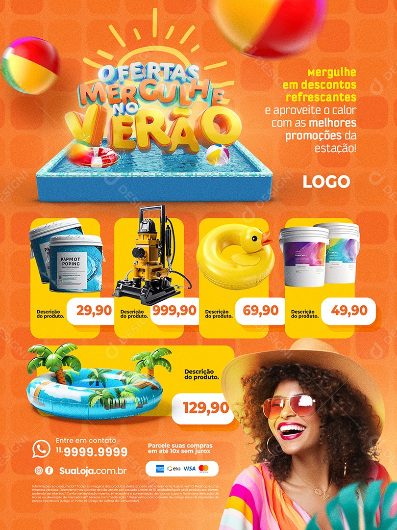 Encarte Piscina Ofertas Mergulhe no Verão Produtos promoções Social Media PSD Editável