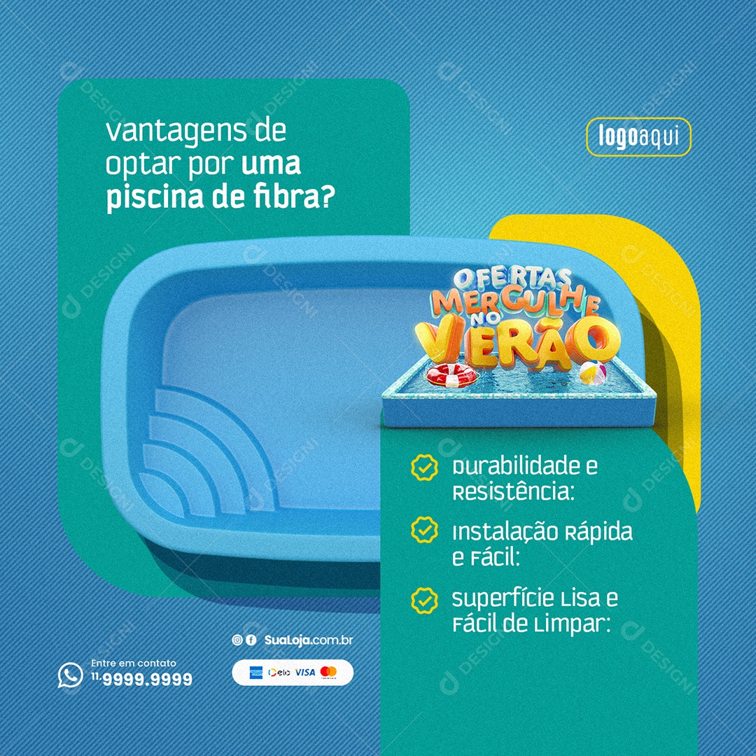 Ofertas Mergulhe no Verão Vantagens de optar por uma piscina de fibra durabilidade Social Media PSD Editável