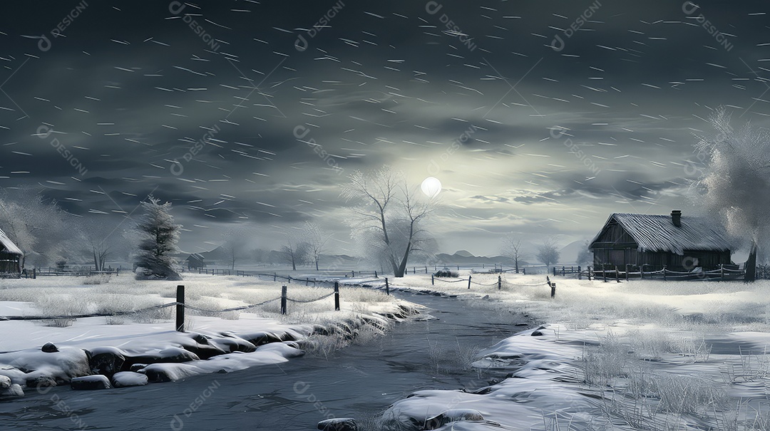 Paisagem de inverno com campos cobertos de neve e casas na vila à noite