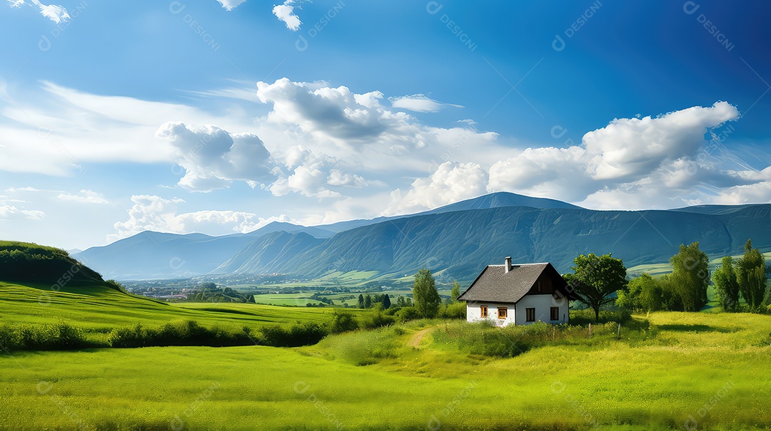 Casa em um campo verde e céu azul com nuvens brancas