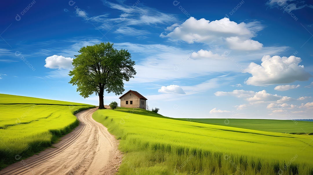 Casa em um campo verde e céu azul com nuvens brancas