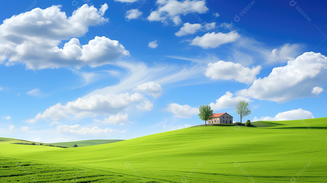 Casa em um campo verde e céu azul com nuvens brancas