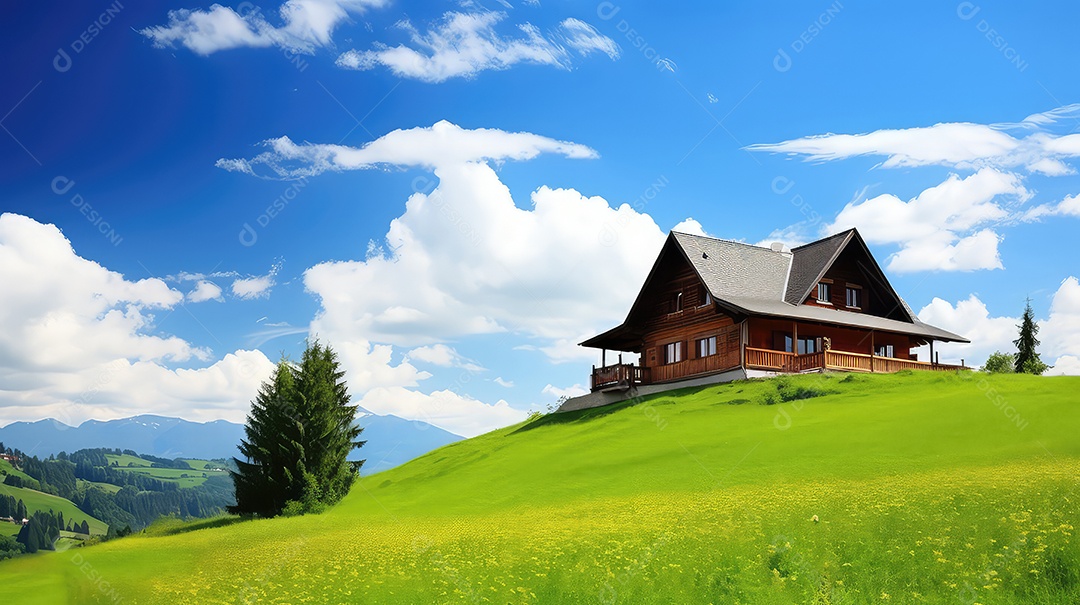 Paisagem rural idílica com uma pequena casa na encosta