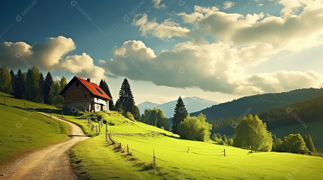 Paisagem rural idílica com uma pequena casa na encosta