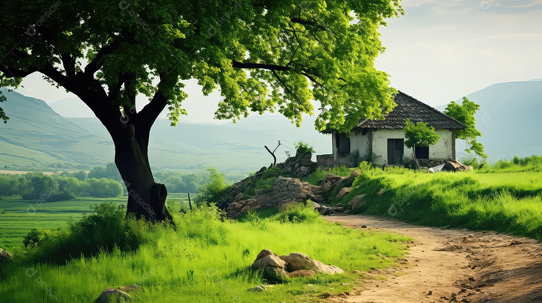 Árvore solitária no prado com casa