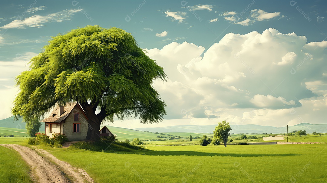 Árvore solitária no prado com vacas e casa