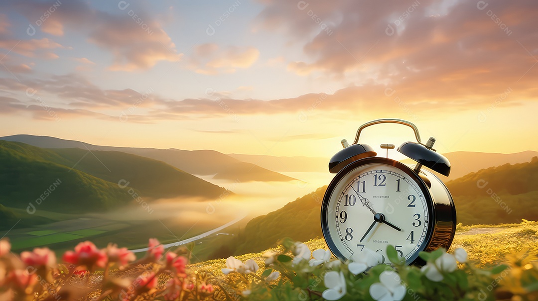 Despertador no campo ao pôr do sol