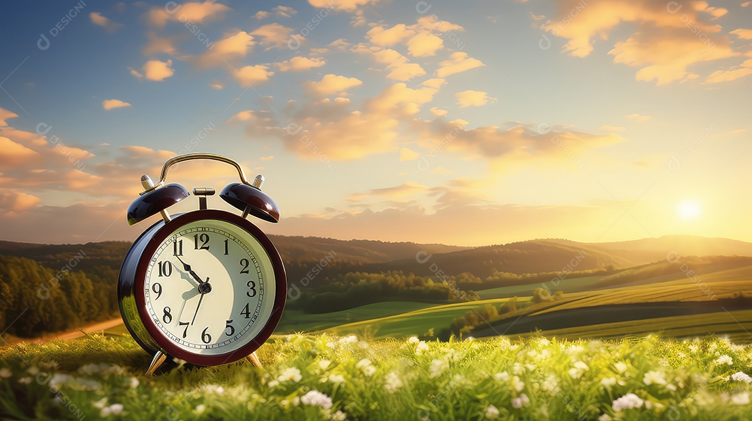 Despertador no campo ao pôr do sol