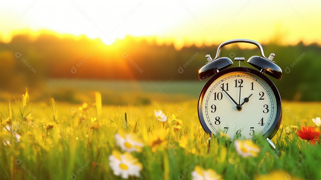 Despertador no campo ao pôr do sol