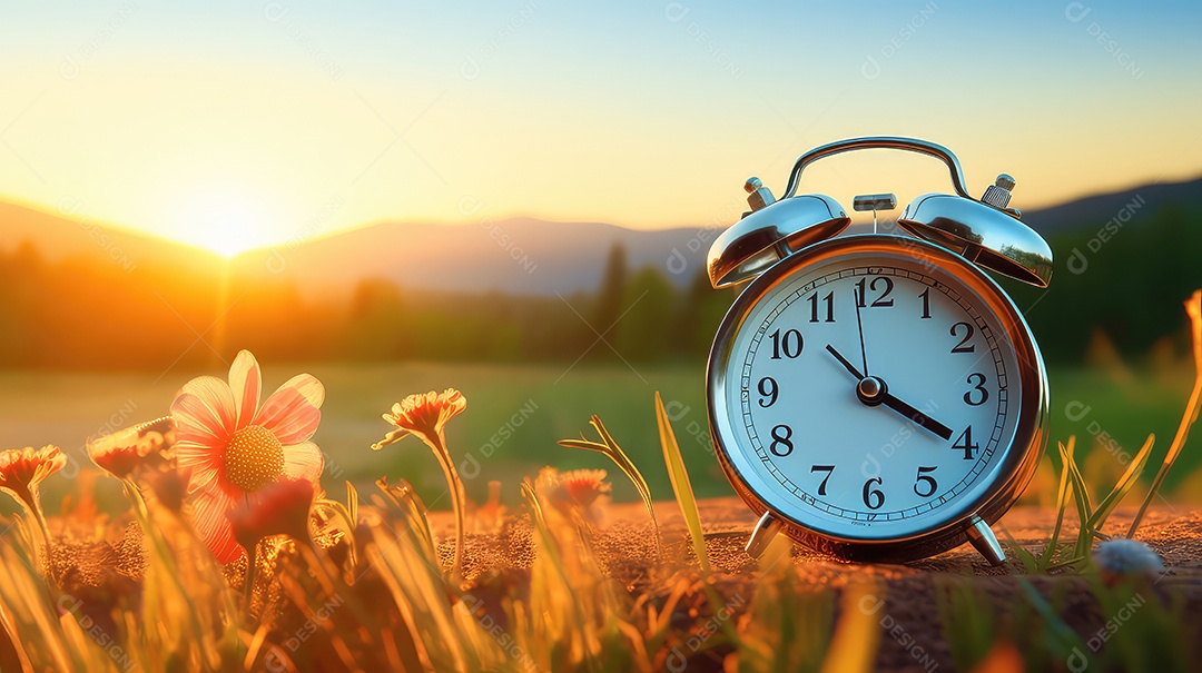 Despertador no campo ao pôr do sol