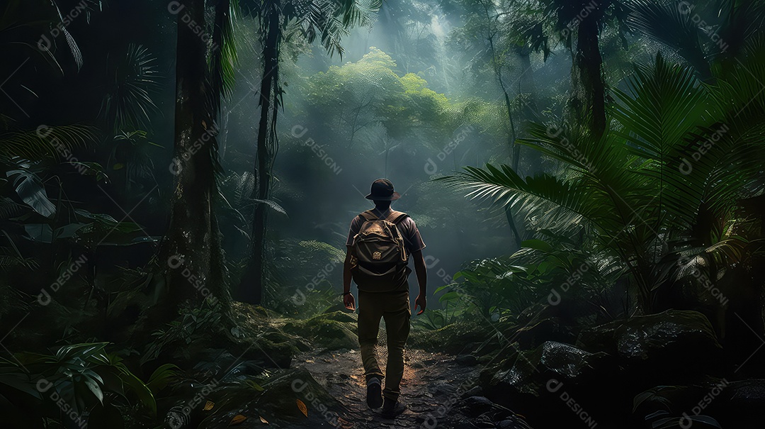 Homem com mochila caminhando na selva