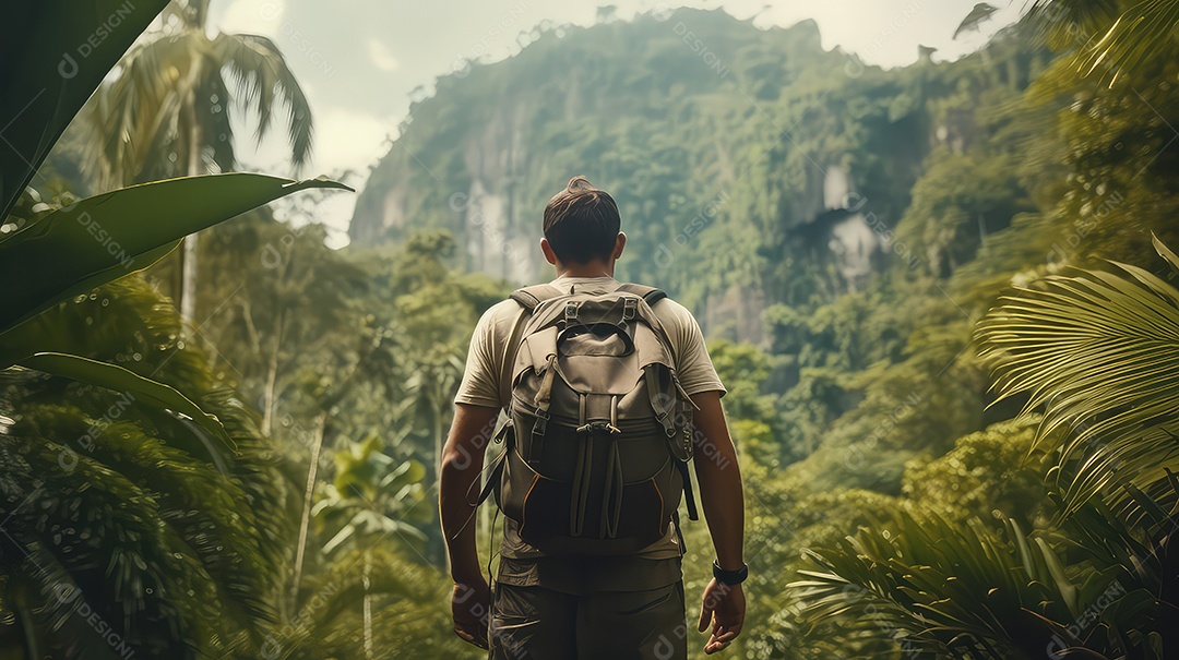 Homem com mochila caminhando na selva