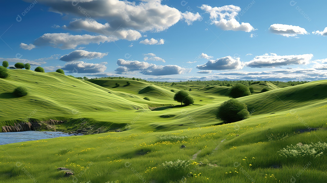 Bela paisagem com montanhas e prados