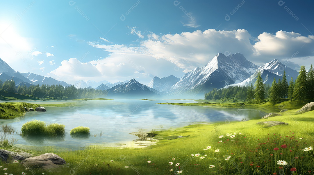 Paisagem com montanhas lago e prado