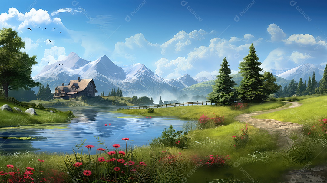 Paisagem com montanhas lago e prado