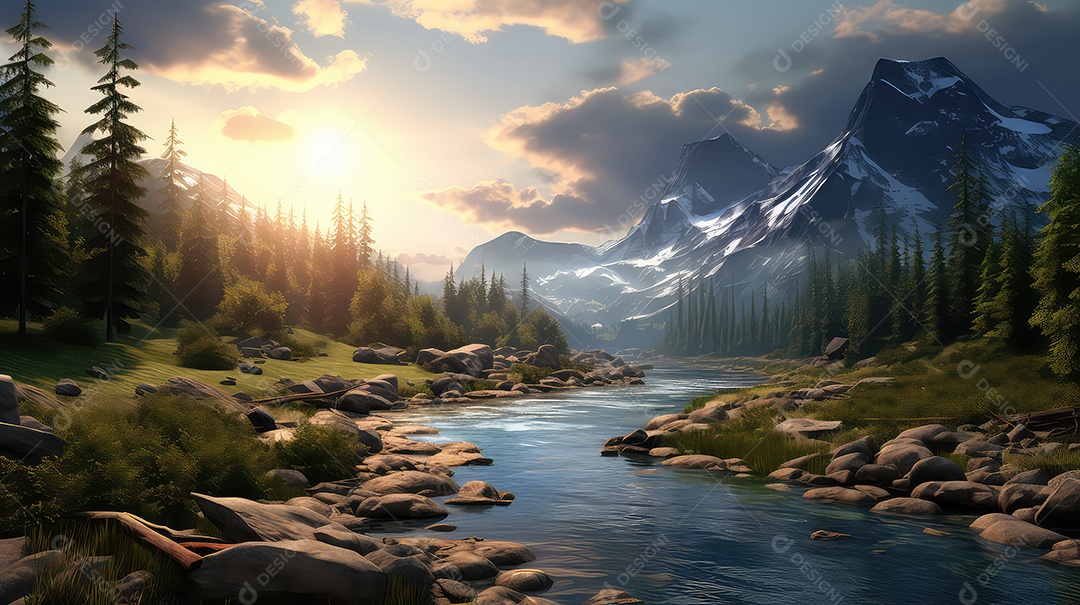 Paisagem de fantasia com rio e floresta ao pôr do sol