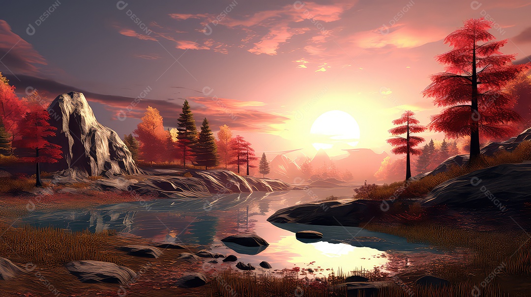 Lindo lago com árvores ao pôr do sol