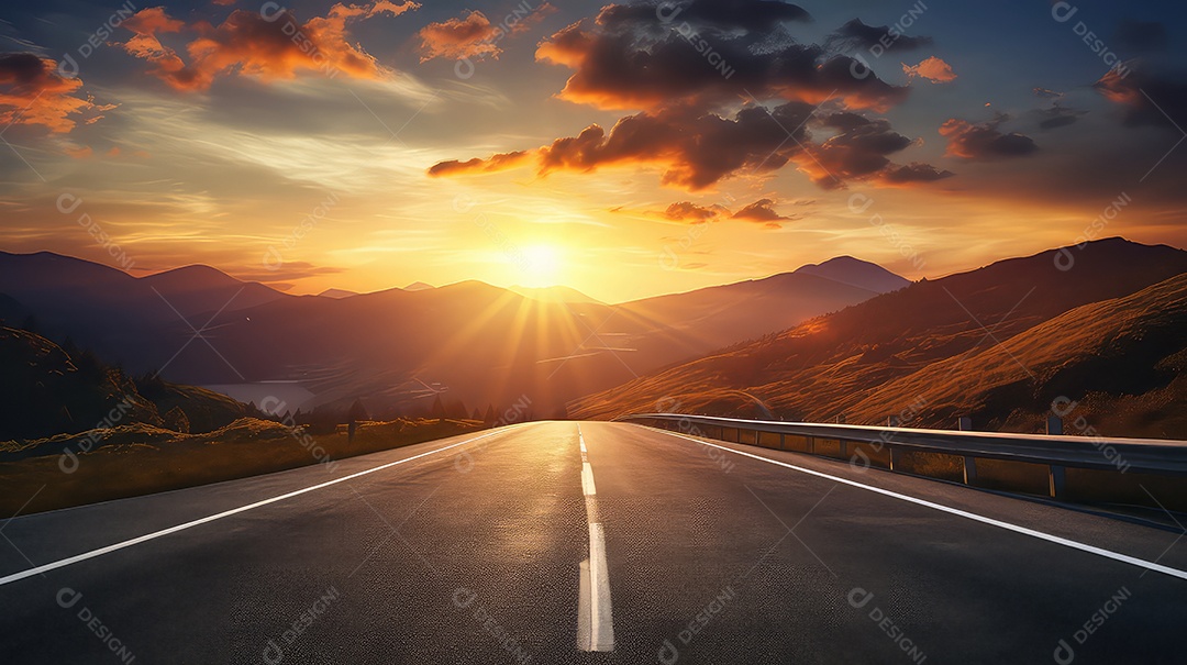 Estrada para as montanhas ao pôr do sol