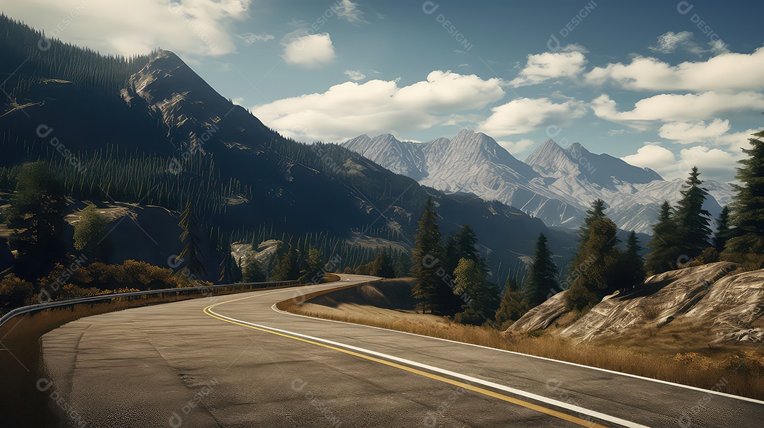 Estrada rodoviária nas montanhas com céu azul e nuvens