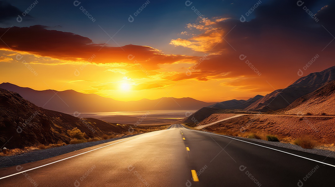 Estrada asfaltada através do deserto ao pôr do sol