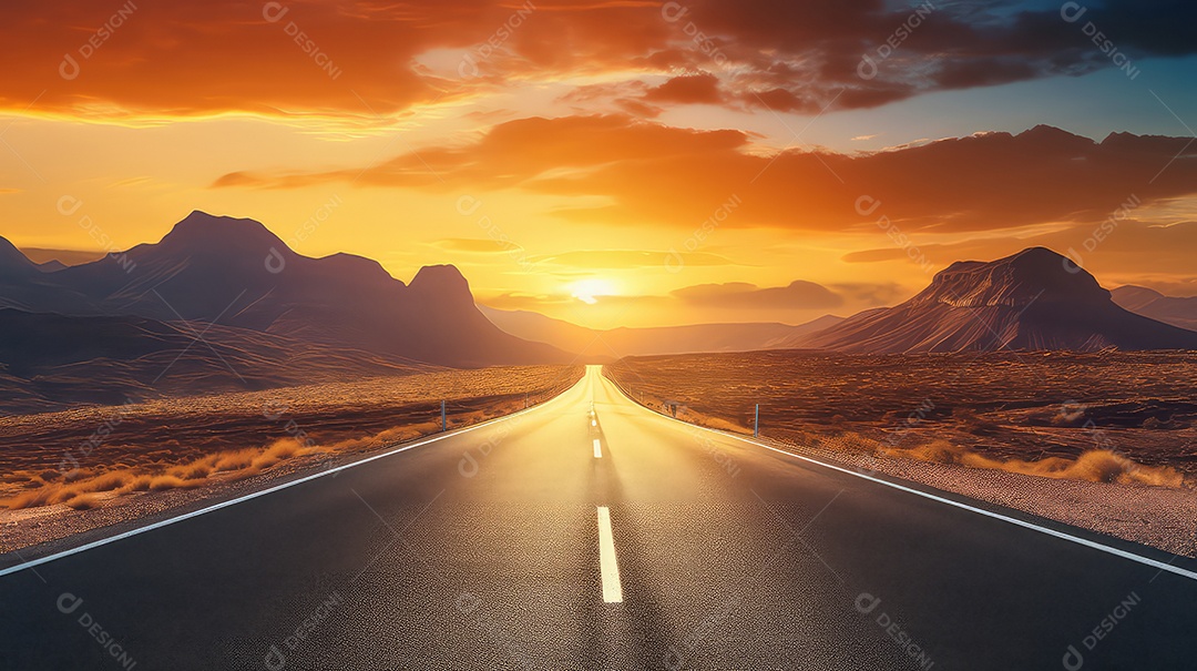 Estrada asfaltada através do deserto ao pôr do sol