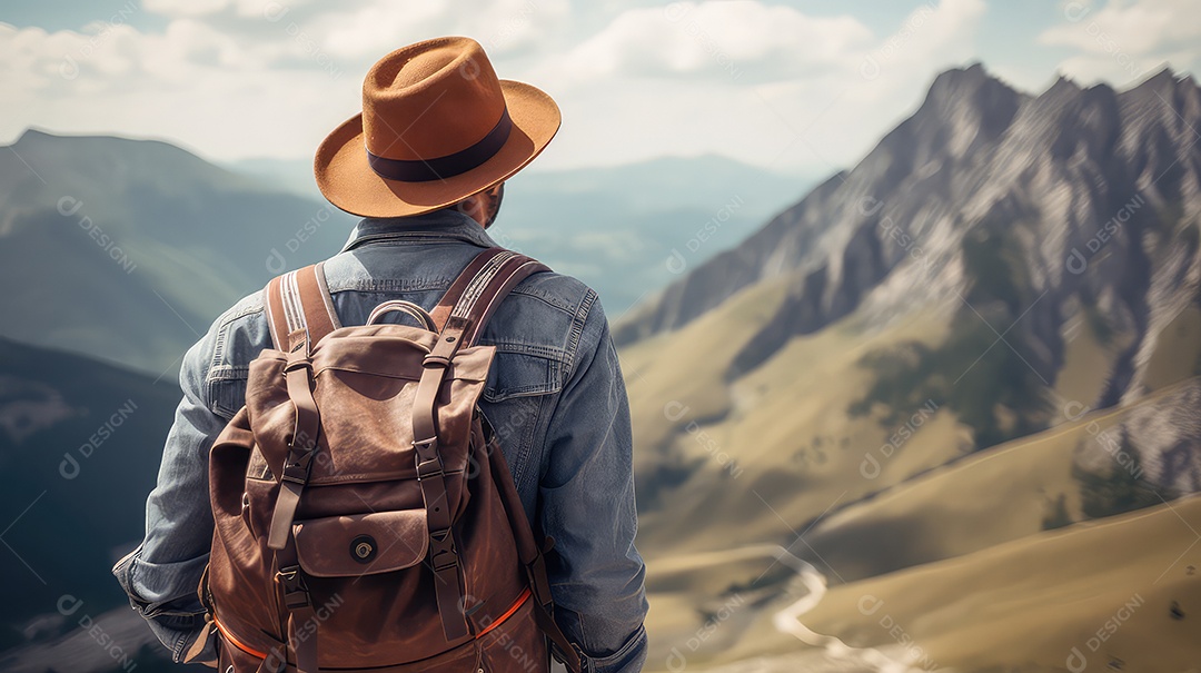 Homem com uma mochila no topo de uma montanha e apreciando a vista