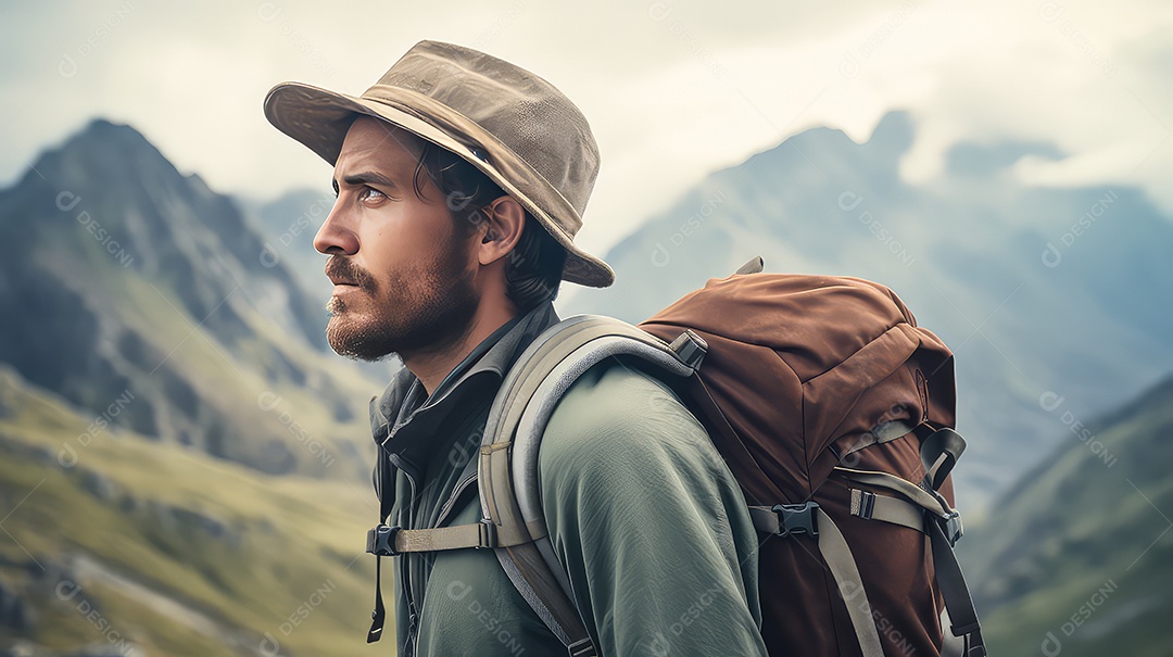 Caminhante com uma mochila no topo de uma montanha e apreciando a vista