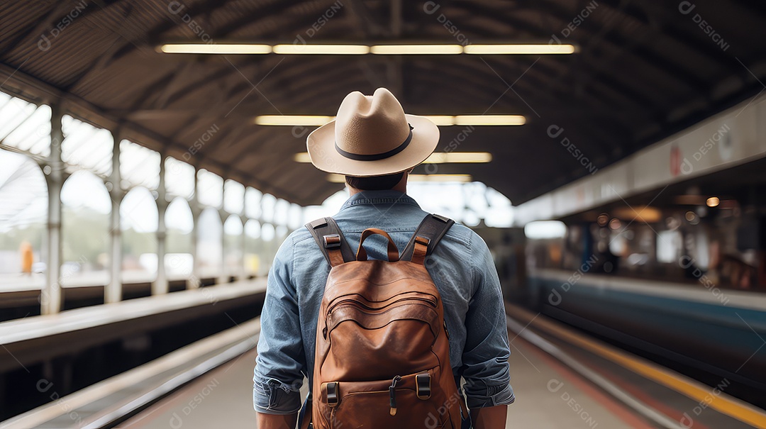 Homem de chapéu e mochila esperando um trem na estação.
